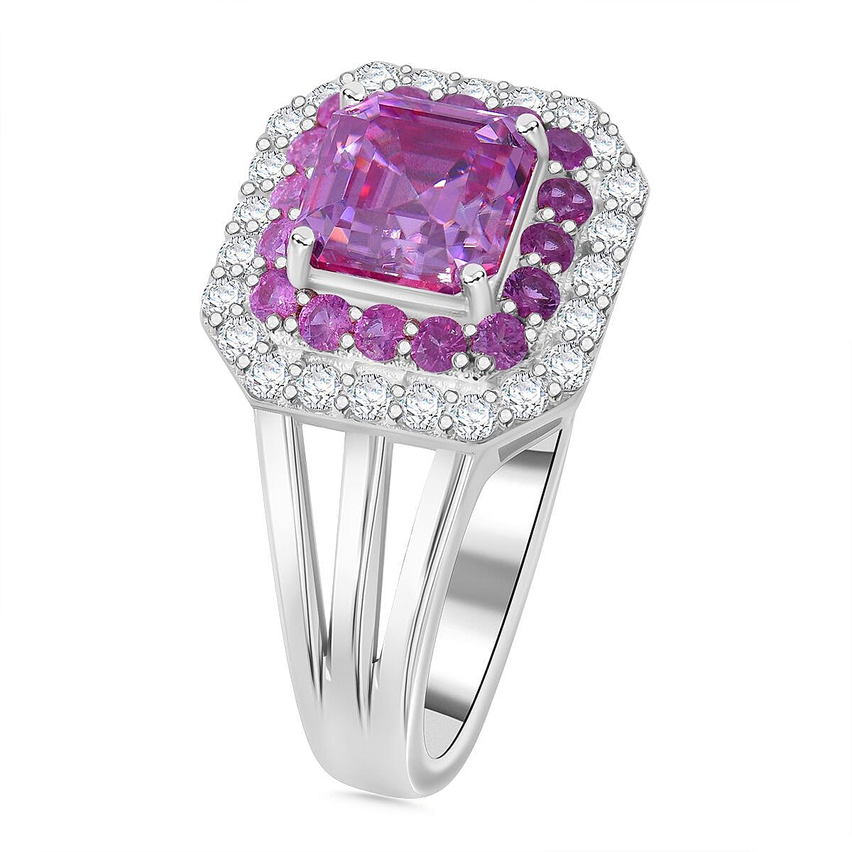 Pink Moissanite and Pink Sapphire Halo Ring in Rhodium Overlay Sterling Silver 1.61 ct V32520911 3