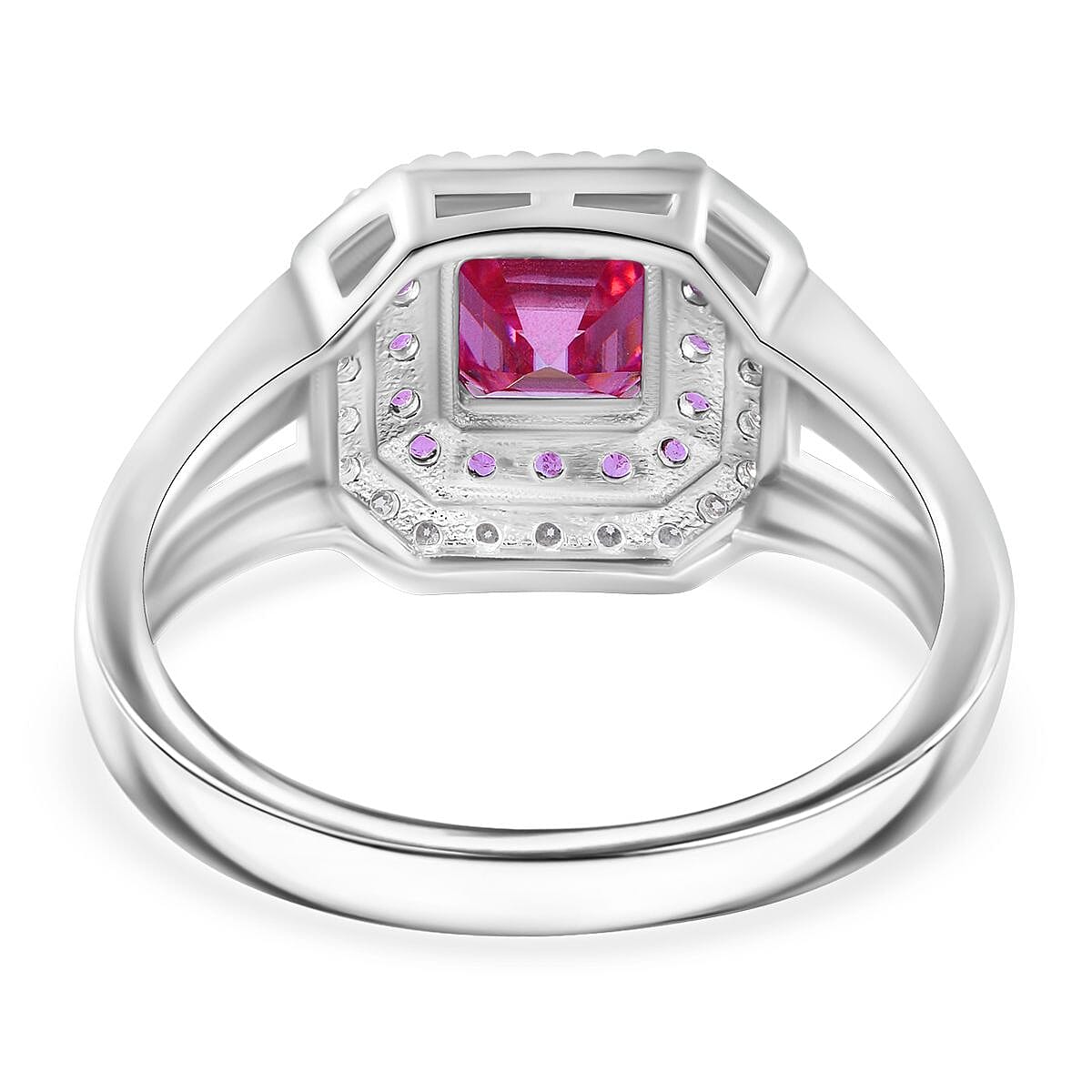 Pink Moissanite and Pink Sapphire Halo Ring in Rhodium Overlay Sterling Silver 1.61 ct V32520911 4