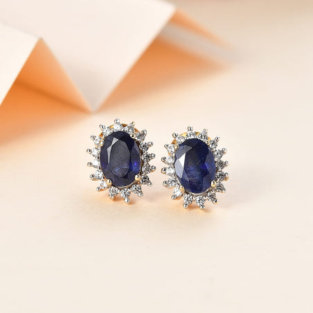 Masoala Sapphire and Natural Zircon Stud Halo Earrings in 18K Vermeil Yellow Gold Plated Sterling Silver 2.70 Ct 7771105 2