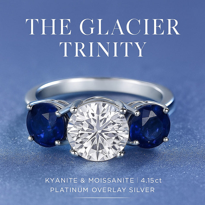 D'Joy The Glacier Kyanite and Moissanite Trilogy Ring in Rhodium Overlay Sterling Silver 4.05 Ct. 7810362 2