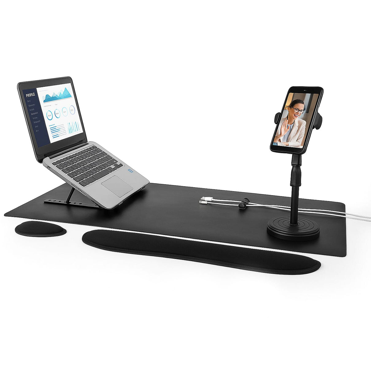 INTEMPO Studio 6-in-1 Set (Desk Mat, Laptop Riser Cable Tidy, 2 Wrist Support &amp; Phone Holder) - Black 7811578 0