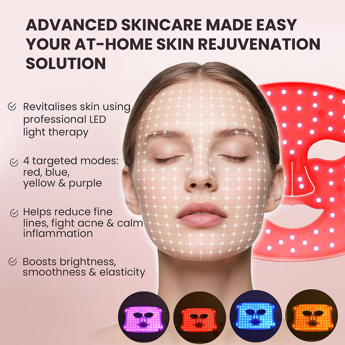Beautech Anti-Ageing LED Mask With Controller with 4 Modes (Incl. Red, Blue, Yellow andamp; Purple Light with Infrared Light Mode) 7812940 2