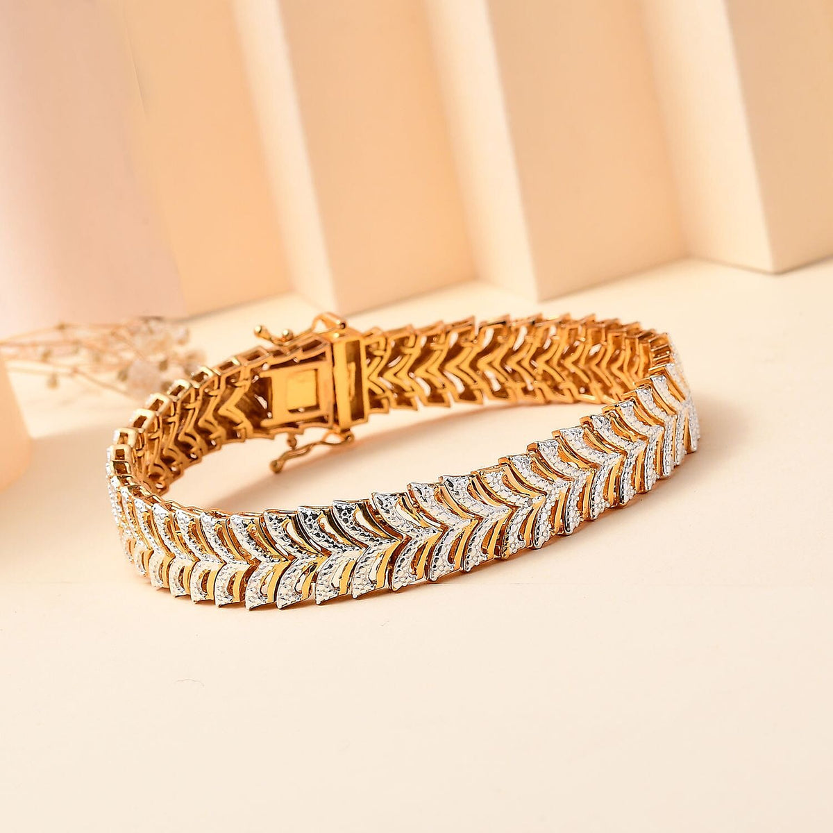 EverTrue Chevron De Lis Natural White Diamond Yellow Gold &amp; Silver Plating Bracelet (Size - 7.5) With GB Lock Box 7845910 2
