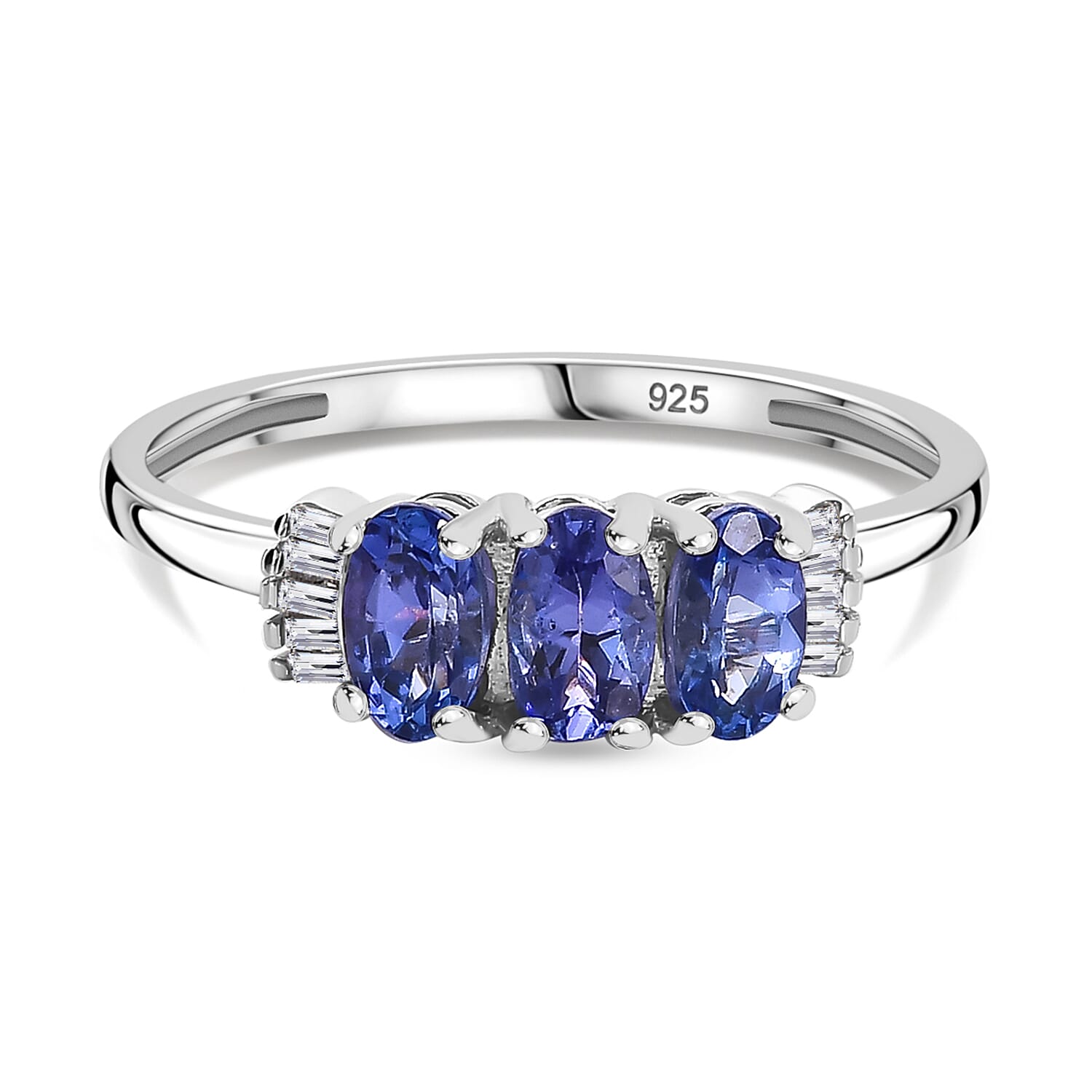 Tanzanite, White Diamond 3 Stone Ring in Rhodium Overlay Sterling Silver 7855943 0