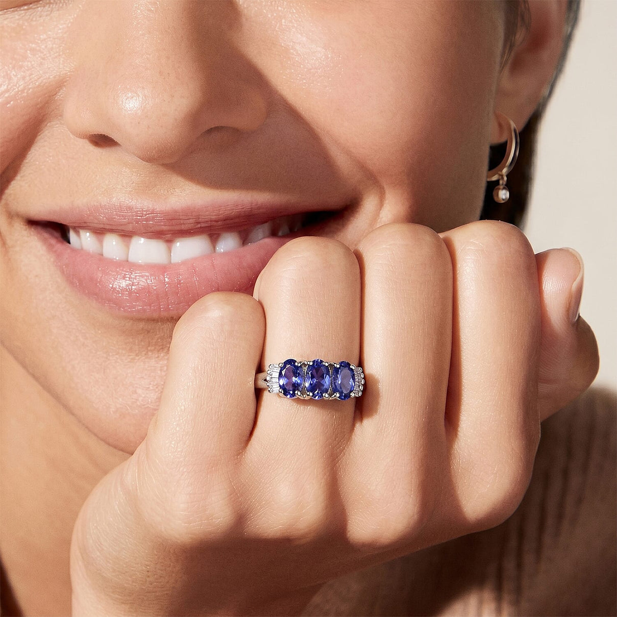 Tanzanite, White Diamond 3 Stone Ring in Rhodium Overlay Sterling Silver 7855943 2