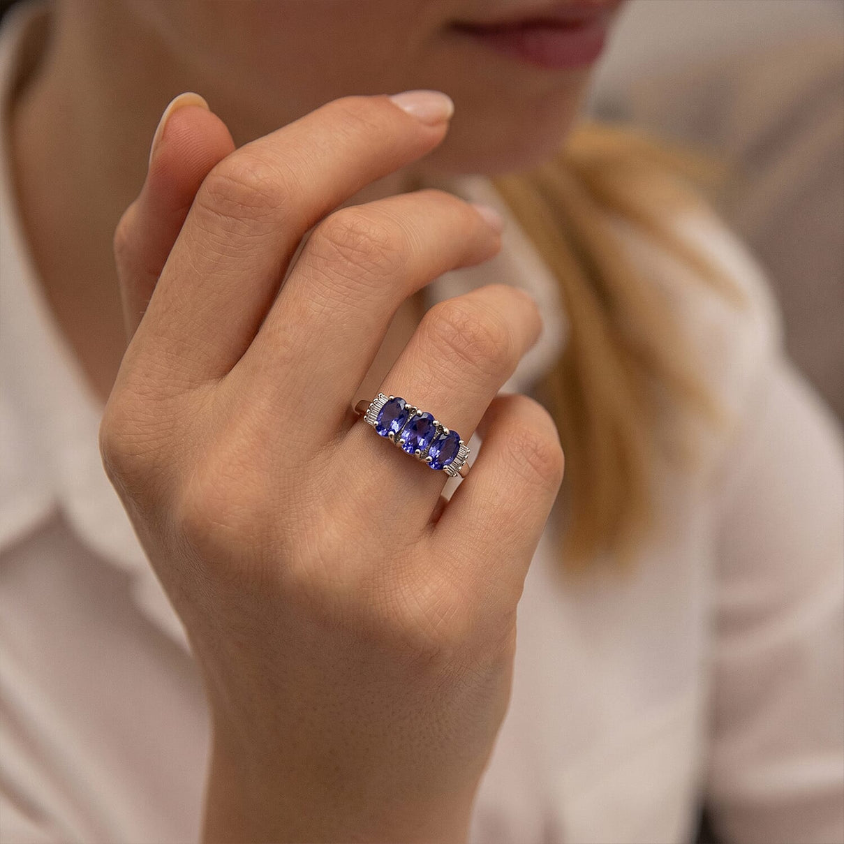 Tanzanite, White Diamond 3 Stone Ring in Rhodium Overlay Sterling Silver 7855943 4