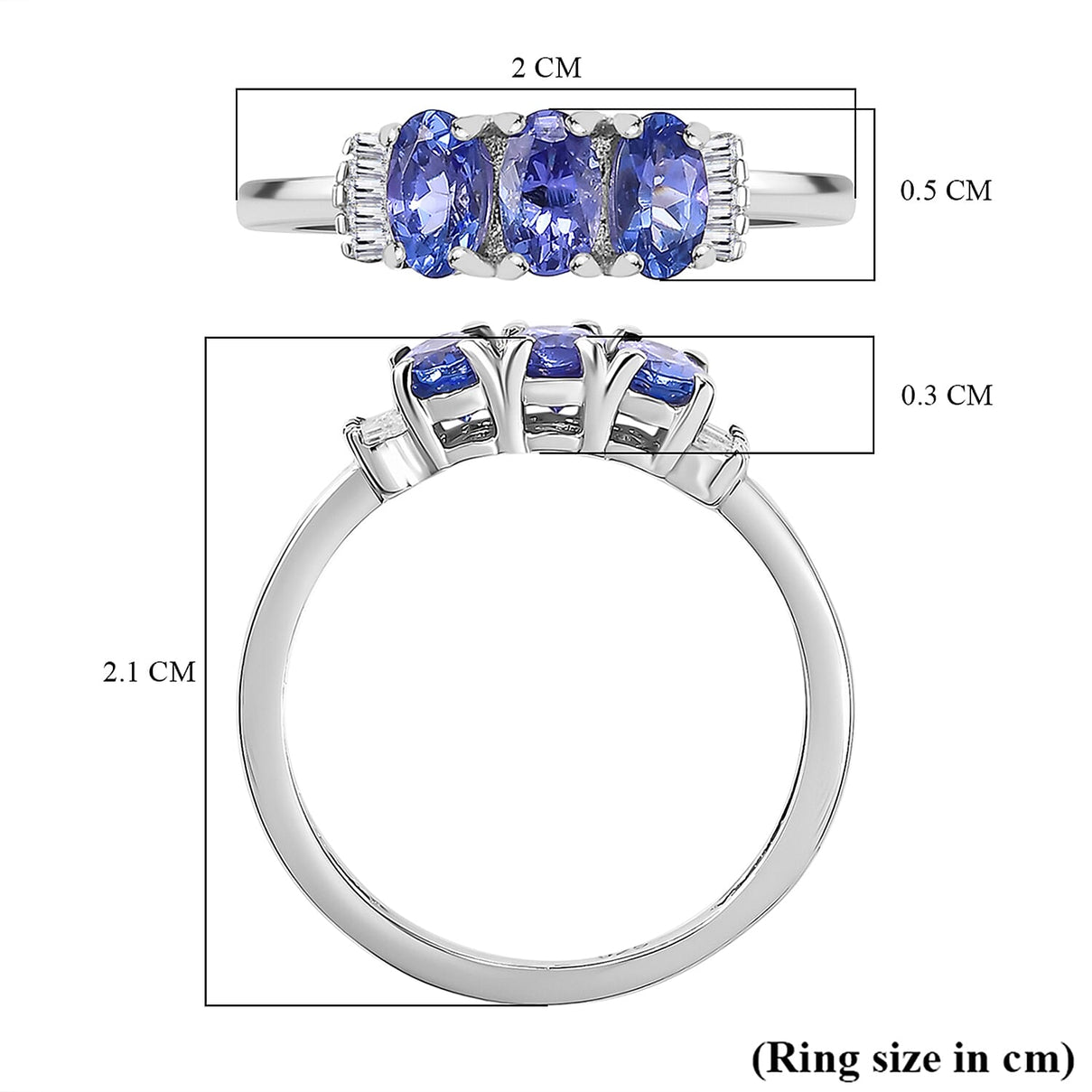 Tanzanite, White Diamond 3 Stone Ring in Rhodium Overlay Sterling Silver 7855943 7