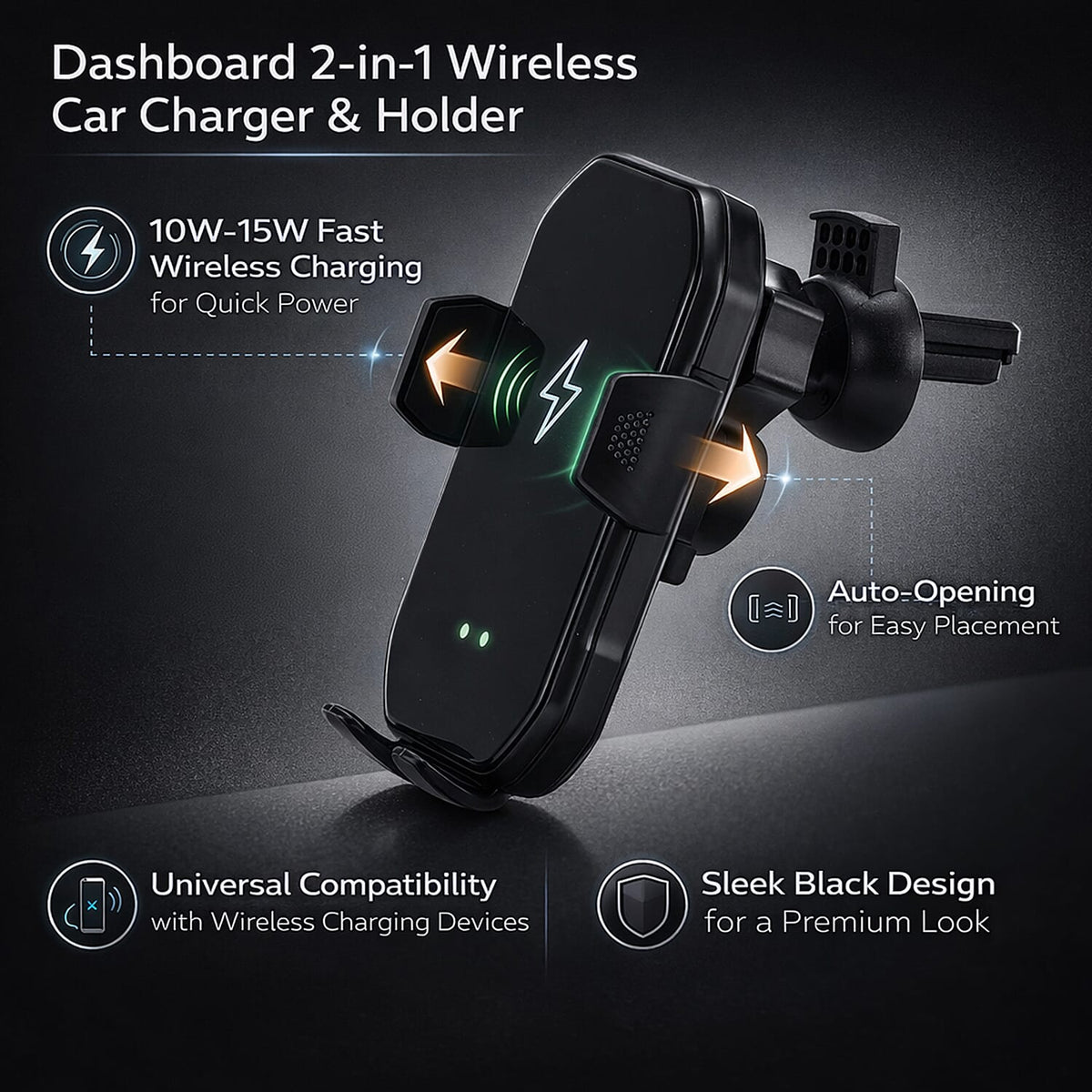Dashboard 2-in-1 Wireless Car Charger and Holder - Auto Opening (Power 10w-15w) - Black 7953349 2