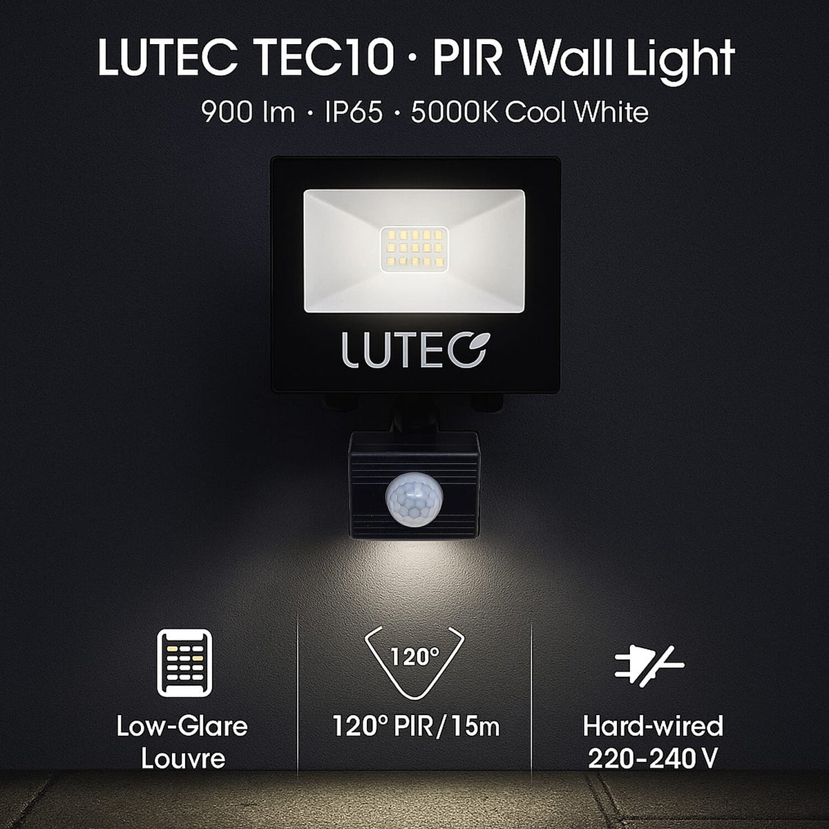 Lutec Tec10 PIR IP65 Black LED Slim Wall Flood Light - Low Glare 7968649 1