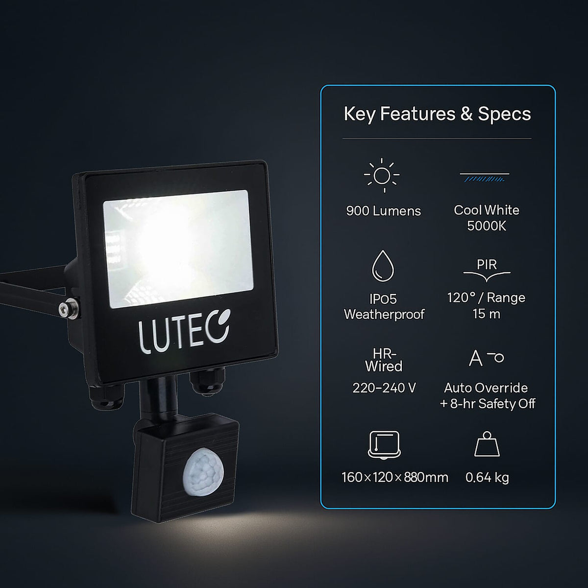 Lutec Tec10 PIR IP65 Black LED Slim Wall Flood Light - Low Glare 7968649 2