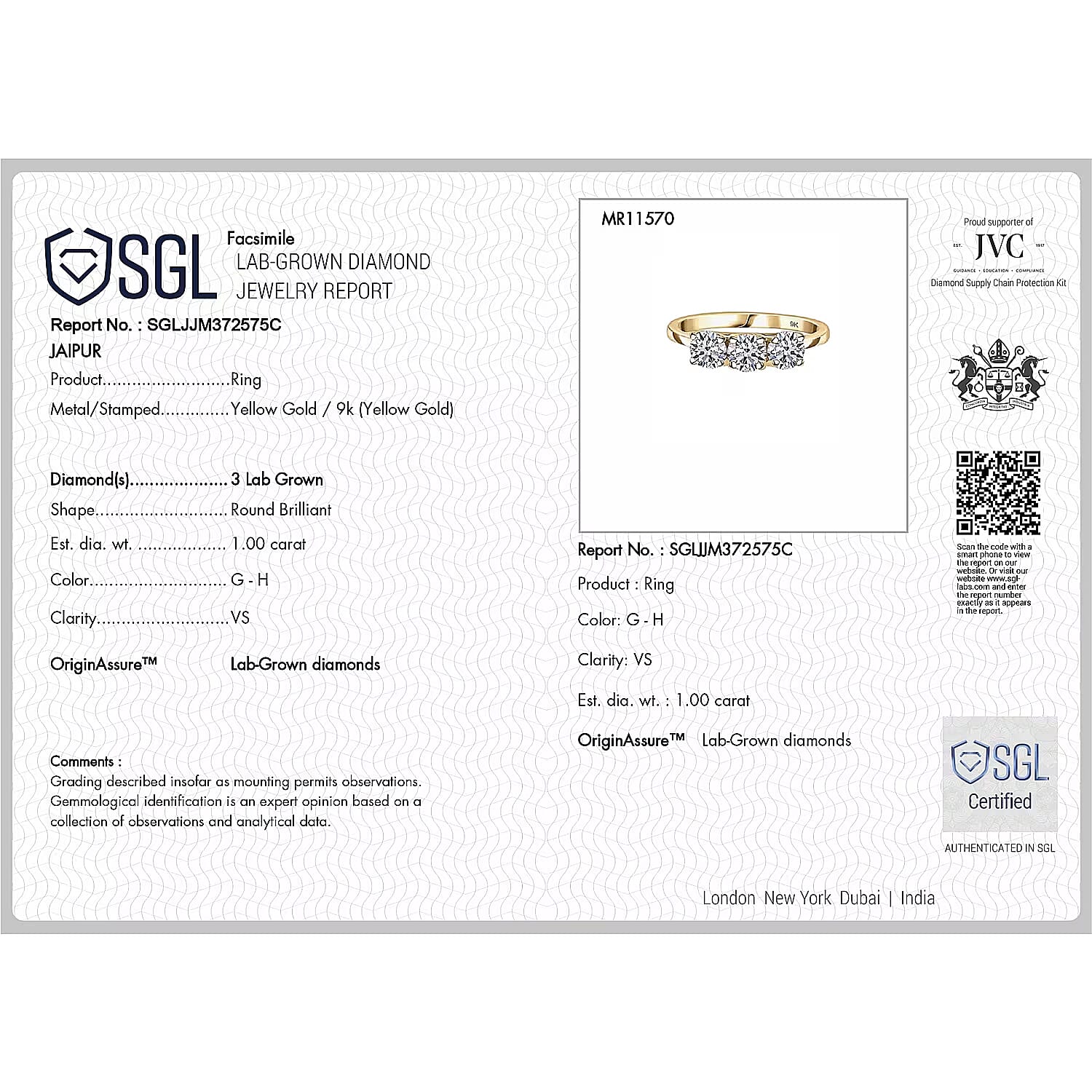 LUXURIANT 1 Ct. Lab Grown Diamond Trilogy Ring in 9K Yellow Gold, SGL Certified (VS-G-H) 7985145 6