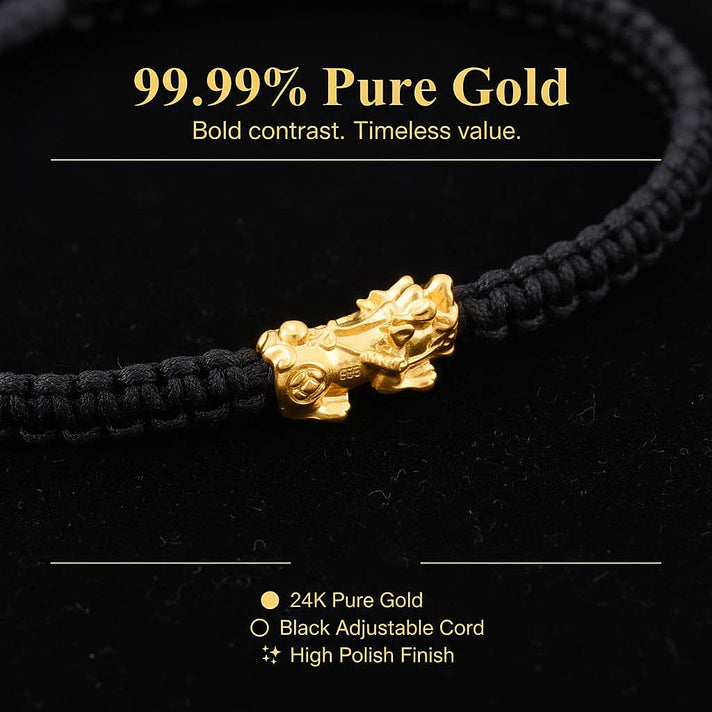 24K Yellow Gold (99.99% Purity) Pixiu Adjustable Bracelet with Yellow Cord 7990783 2