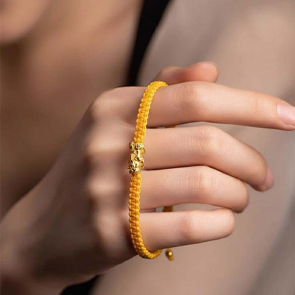 24K Yellow Gold (99.99% Purity) Pixiu Adjustable Bracelet with Yellow Cord 7990783 1