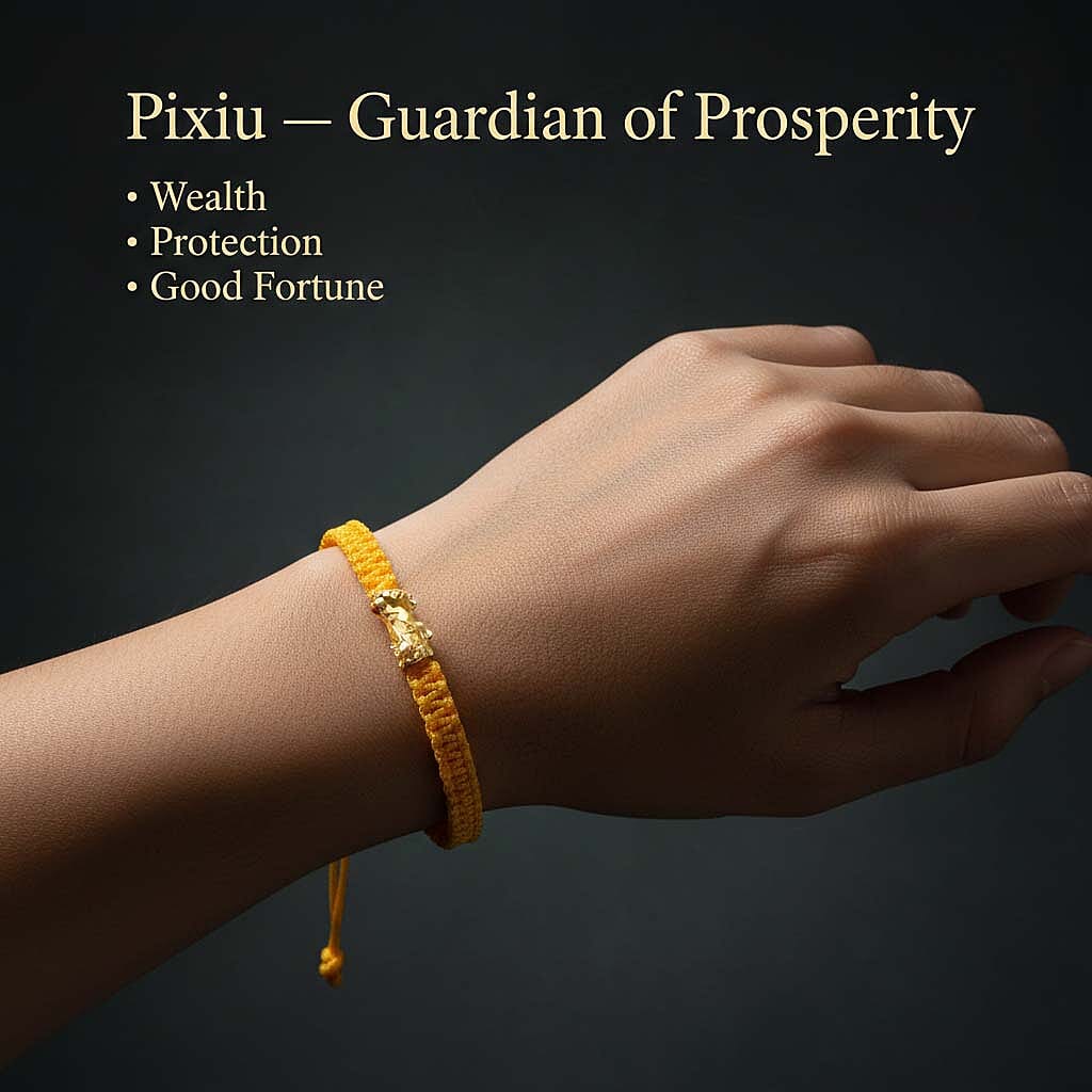 24K Yellow Gold (99.99% Purity) Pixiu Adjustable Bracelet with Yellow Cord 7990783 2