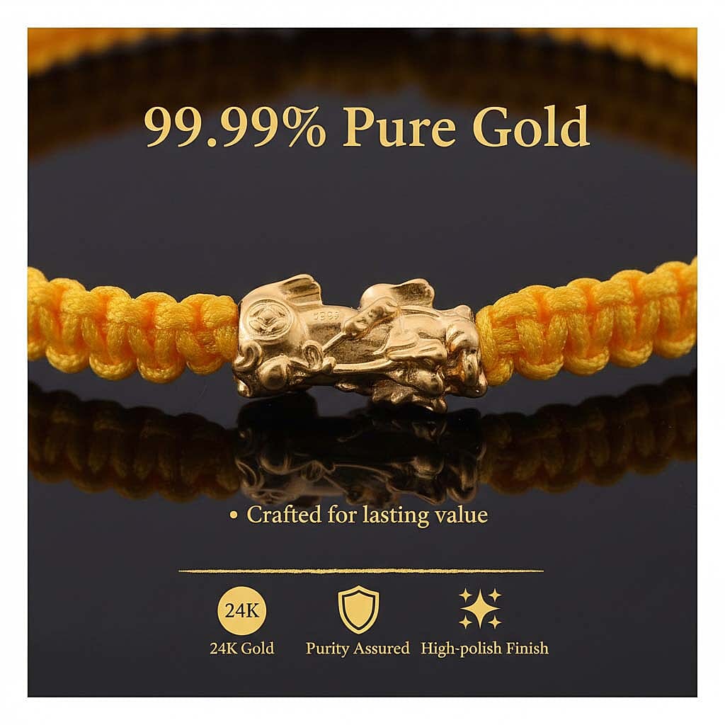 24K Yellow Gold (99.99% Purity) Pixiu Adjustable Bracelet with Yellow Cord 7990783 4
