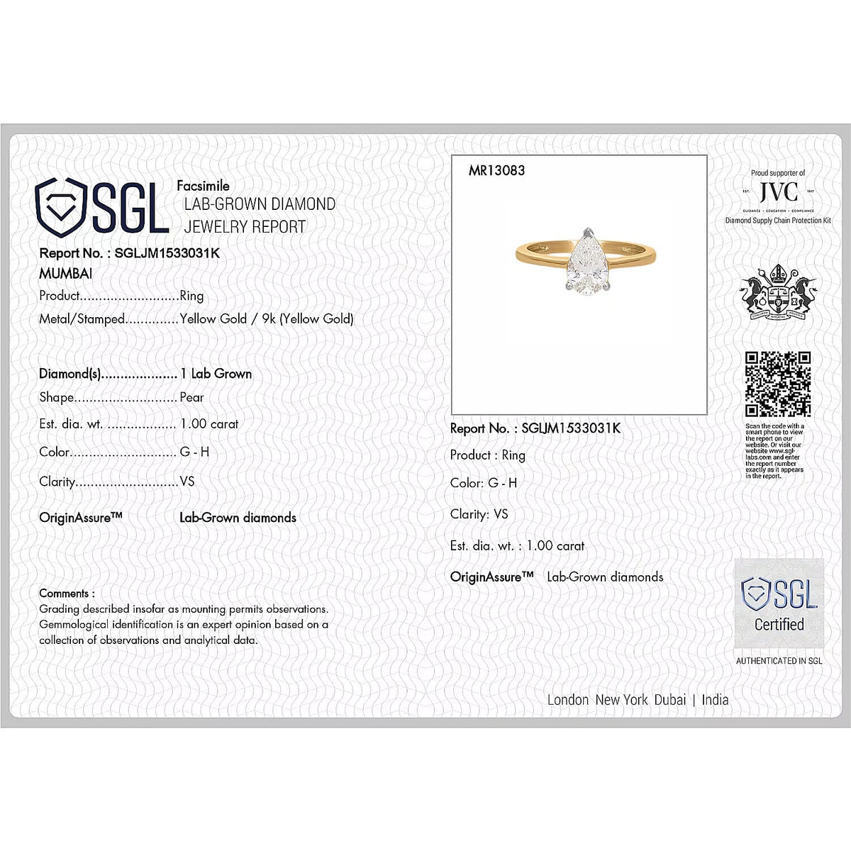 LUXURIANT 1 Ct. Lab Grown Diamond Solitaire Ring in 9K Yellow Gold, SGL Certified 8040859 6