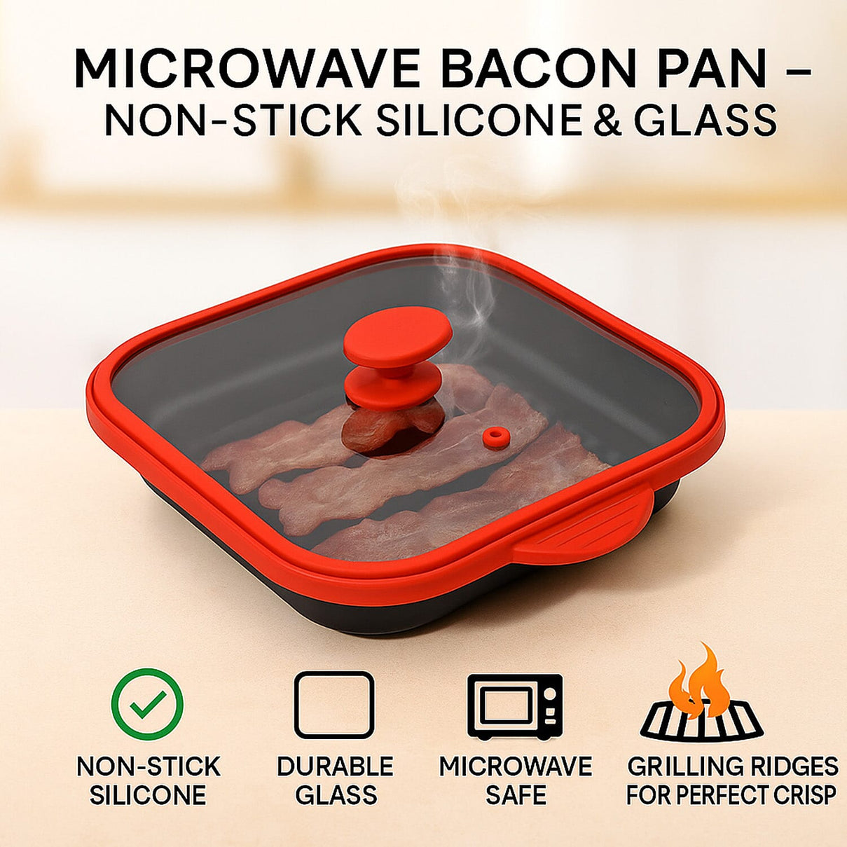 Microwave Pan - Non-Stick Silicone &amp; Glass Cookware with Grilling Ridges - Red 8051895 2