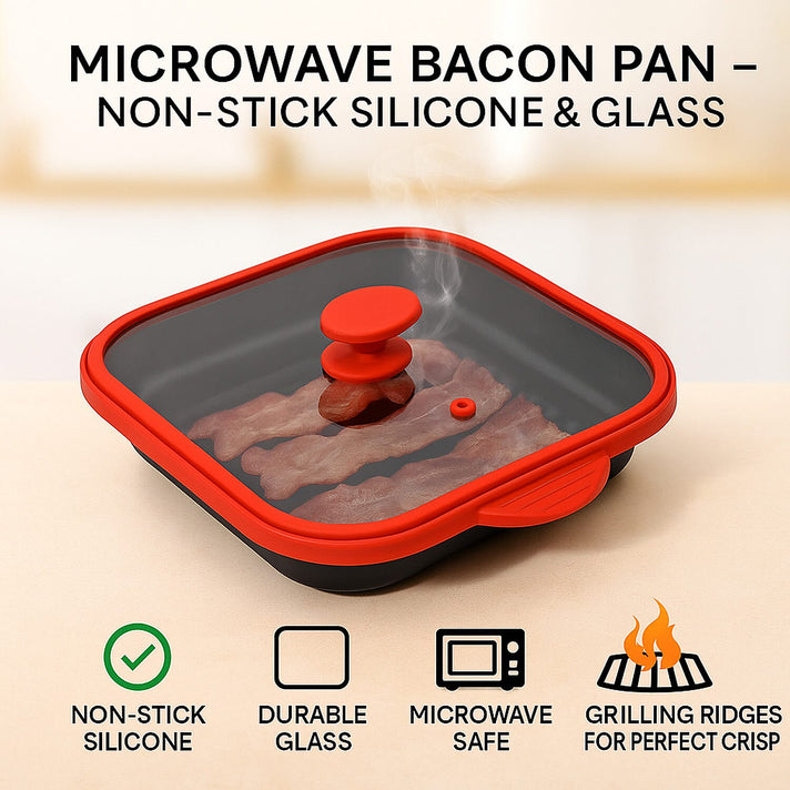 Microwave Pan - Non-Stick Silicone &amp; Glass Cookware with Grilling Ridges - Red 8051895 2