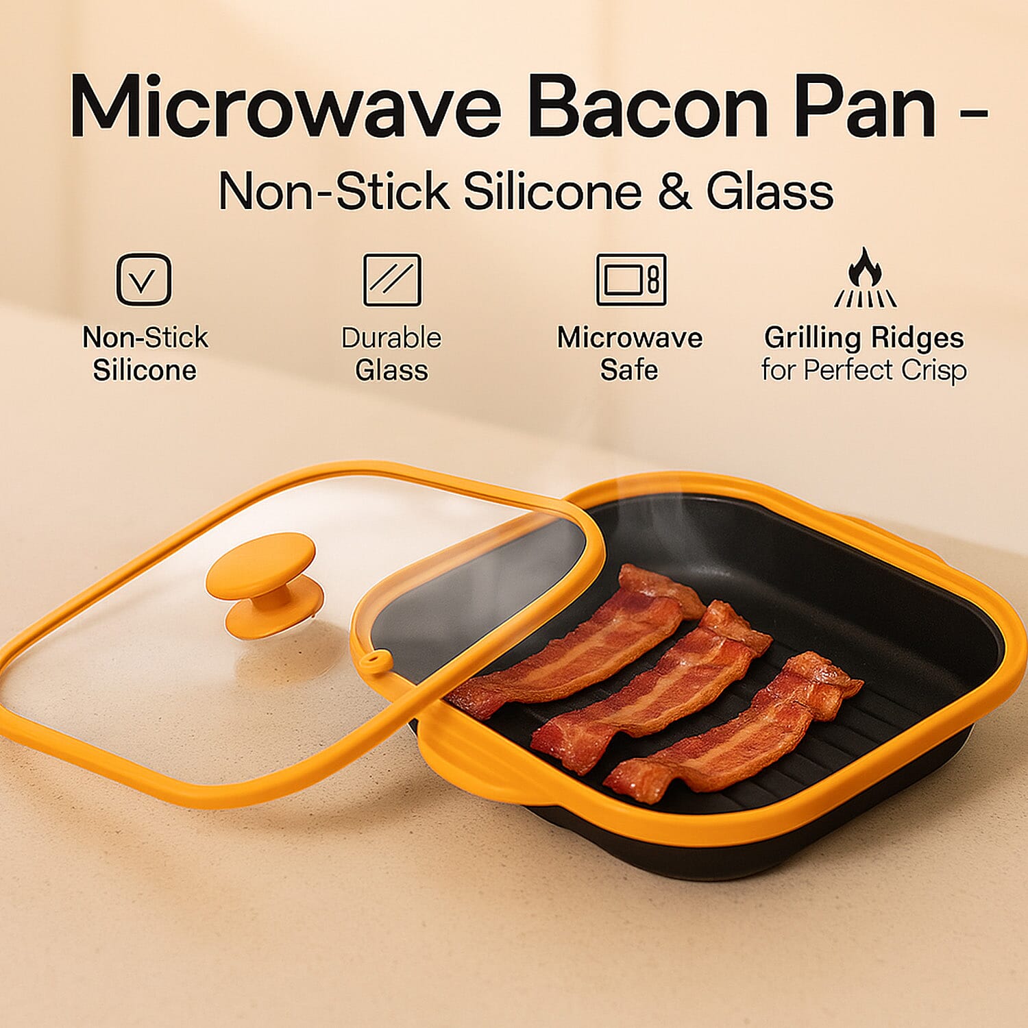 One Time Deal- Microwave Pan - Non-Stick Silicone &amp; Glass Cookware with Grilling Ridges - Yellow V32515102 1