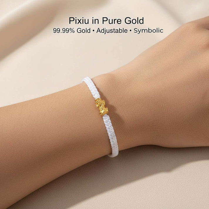 24K Yellow Gold (99.99% Purity) Pixiu Adjustable Bracelet with White Cord 8057522 2