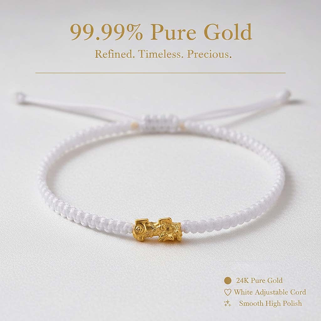 24K Yellow Gold (99.99% Purity) Pixiu Adjustable Bracelet with White Cord 8057522 3