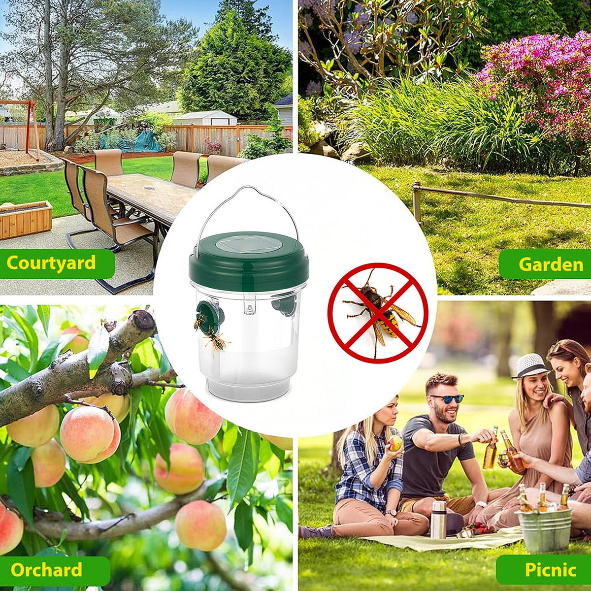 No More Wasps! - 3 Solar Wasp Traps for Garden Use - LED Light - Double Entrance - 6-8 Hr Working Time Green 8060834 6