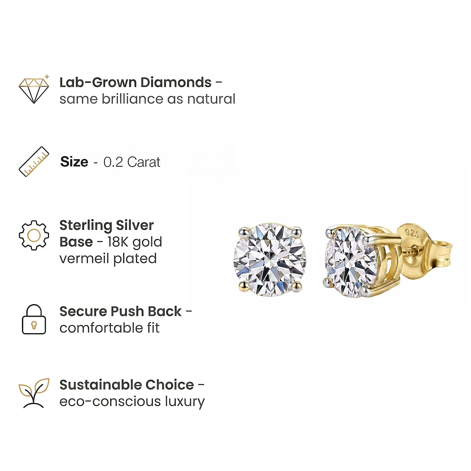LUXURIANT Lab Grown Diamond Solitaire Stud Earrings in 18K Vermeil Yellow Gold Over Sterling Silver 8068204 4