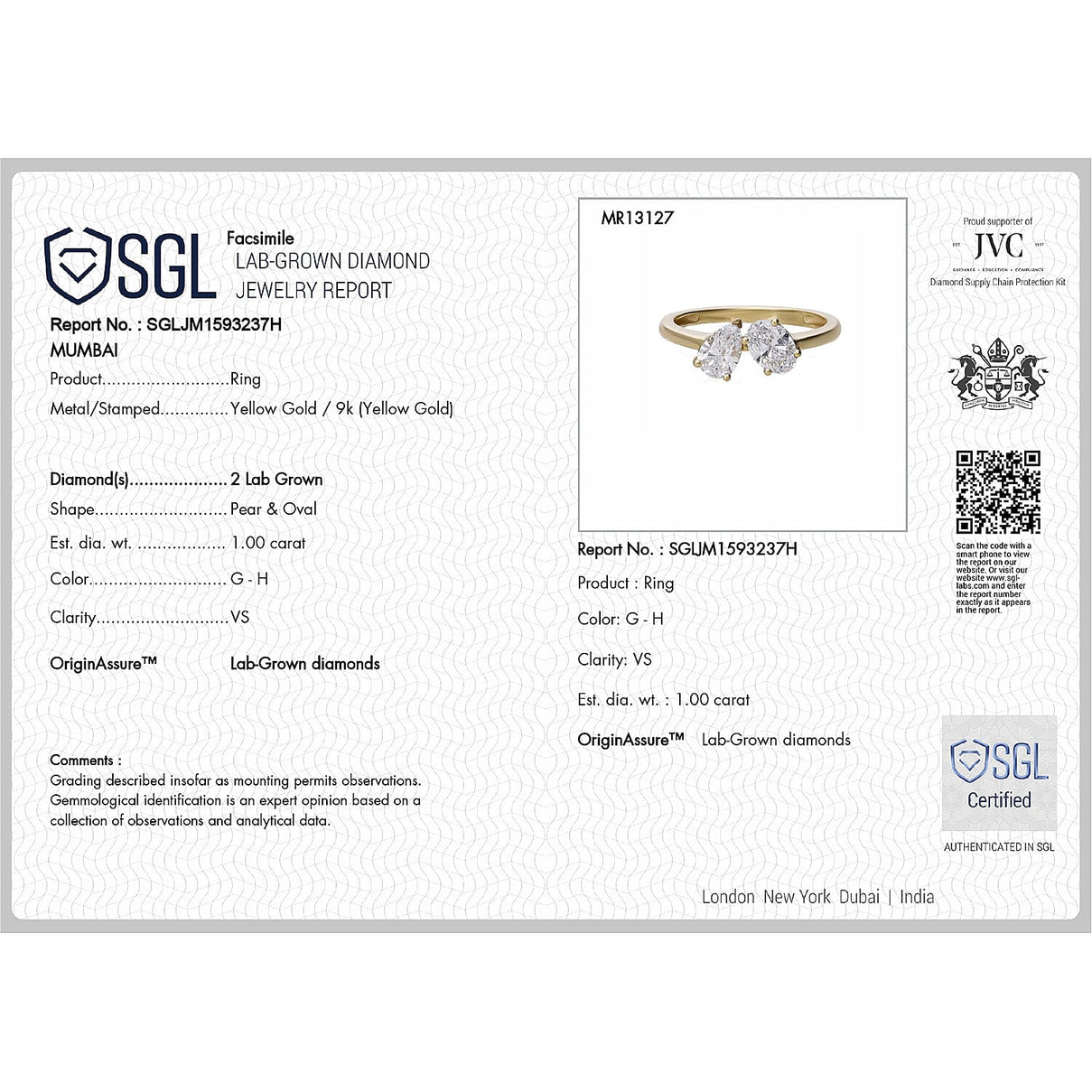 THE TOI ET MOI LUXURIANT 1 Ct. Lab Grown Diamond Ring in 9K Yellow Gold SGL Certified (VS-G-H) 8114309 8