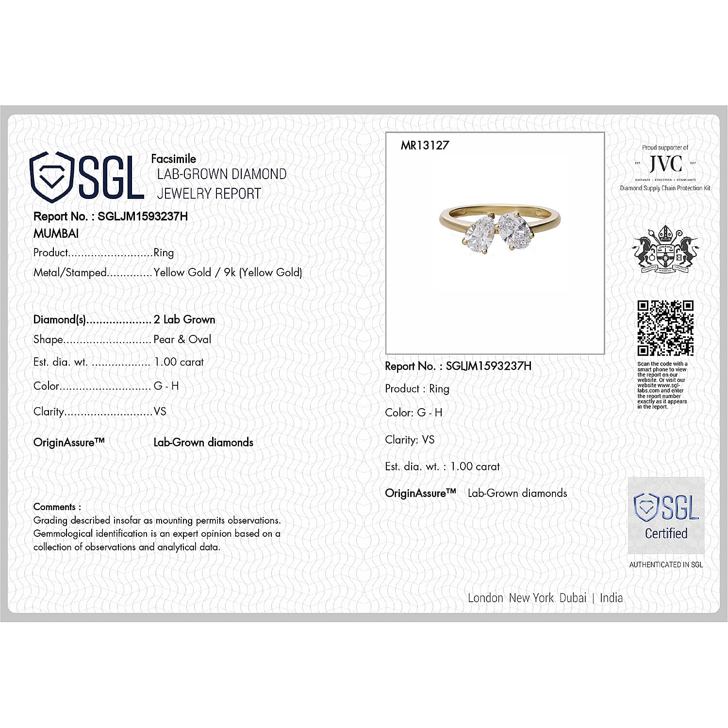 THE TOI ET MOI LUXURIANT 1 Ct. Lab Grown Diamond Ring in 9K Yellow Gold SGL Certified (VS-G-H) 8114309 8