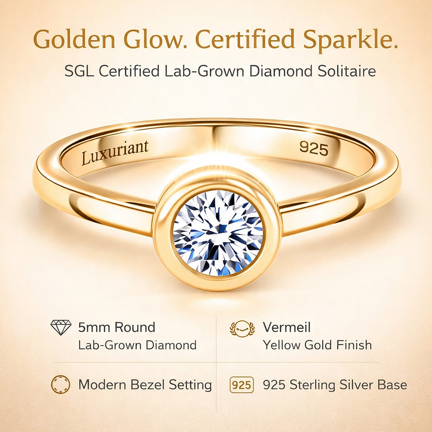 LUXURIANT 0.5 Ct.Bezel-Set Lab Grown Diamond (SI-GH) Solitaire Ring in Vermeil Yellow Gold Plated Sterling Silver SGL Certified 8170905 5