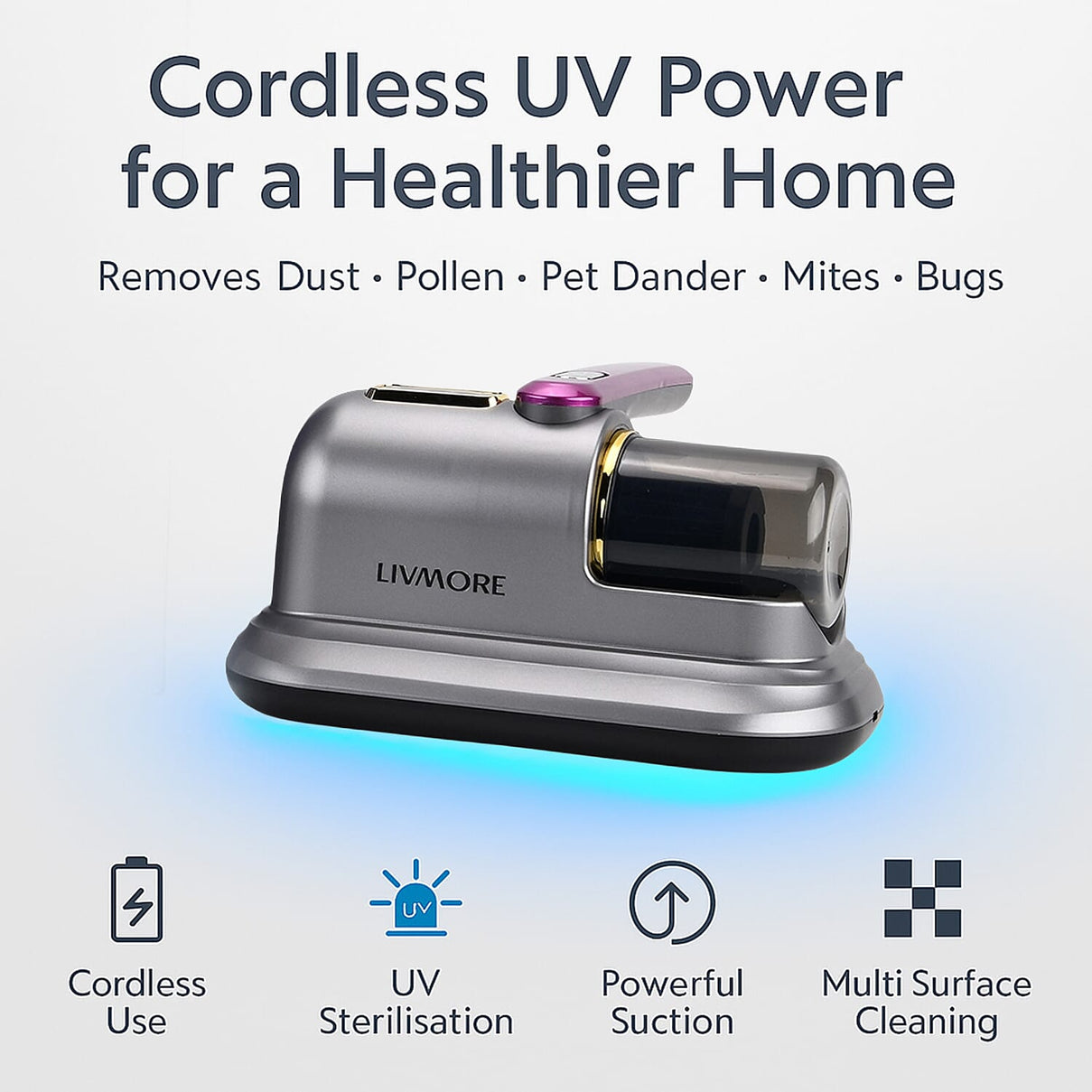 Livmore Cordless UV Bed Vacuum Cleaner - Removes Dust, Pollen, Pet Dander, Mites and Bugs for Beds, Sofas, Carpets and Fabrics V32537688 2