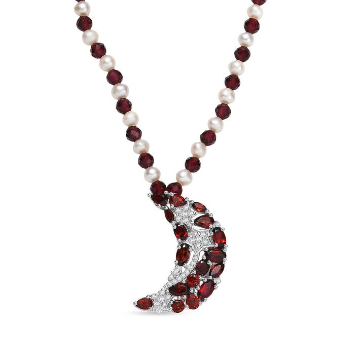 GP Celestial Dream Collection - Red Garnet, Fresh Water Pearl and White Zircon Crescent Moon Necklace (Size - 20) with Lobster Clasp in Rhodium Overlay Sterling Silver 25.38 Ct. 8184785 1