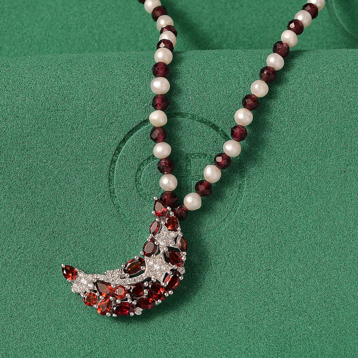 GP Celestial Dream Collection - Red Garnet, Fresh Water Pearl and White Zircon Crescent Moon Necklace (Size - 20) with Lobster Clasp in Rhodium Overlay Sterling Silver 25.38 Ct. 8184785 2