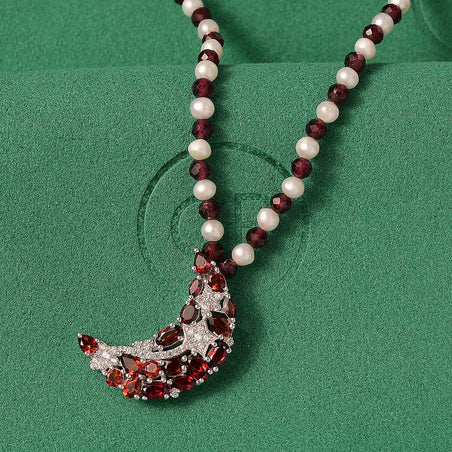 GP Celestial Dream Collection - Red Garnet, Fresh Water Pearl and White Zircon Crescent Moon Necklace (Size - 20) with Lobster Clasp in Rhodium Overlay Sterling Silver 25.38 Ct. 8184785 2