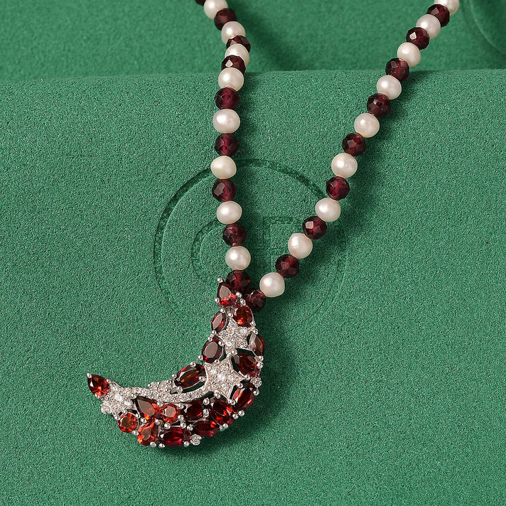 GP Celestial Dream Collection - Red Garnet, Fresh Water Pearl and White Zircon Crescent Moon Necklace (Size - 20) with Lobster Clasp in Rhodium Overlay Sterling Silver 25.38 Ct. 8184785 2