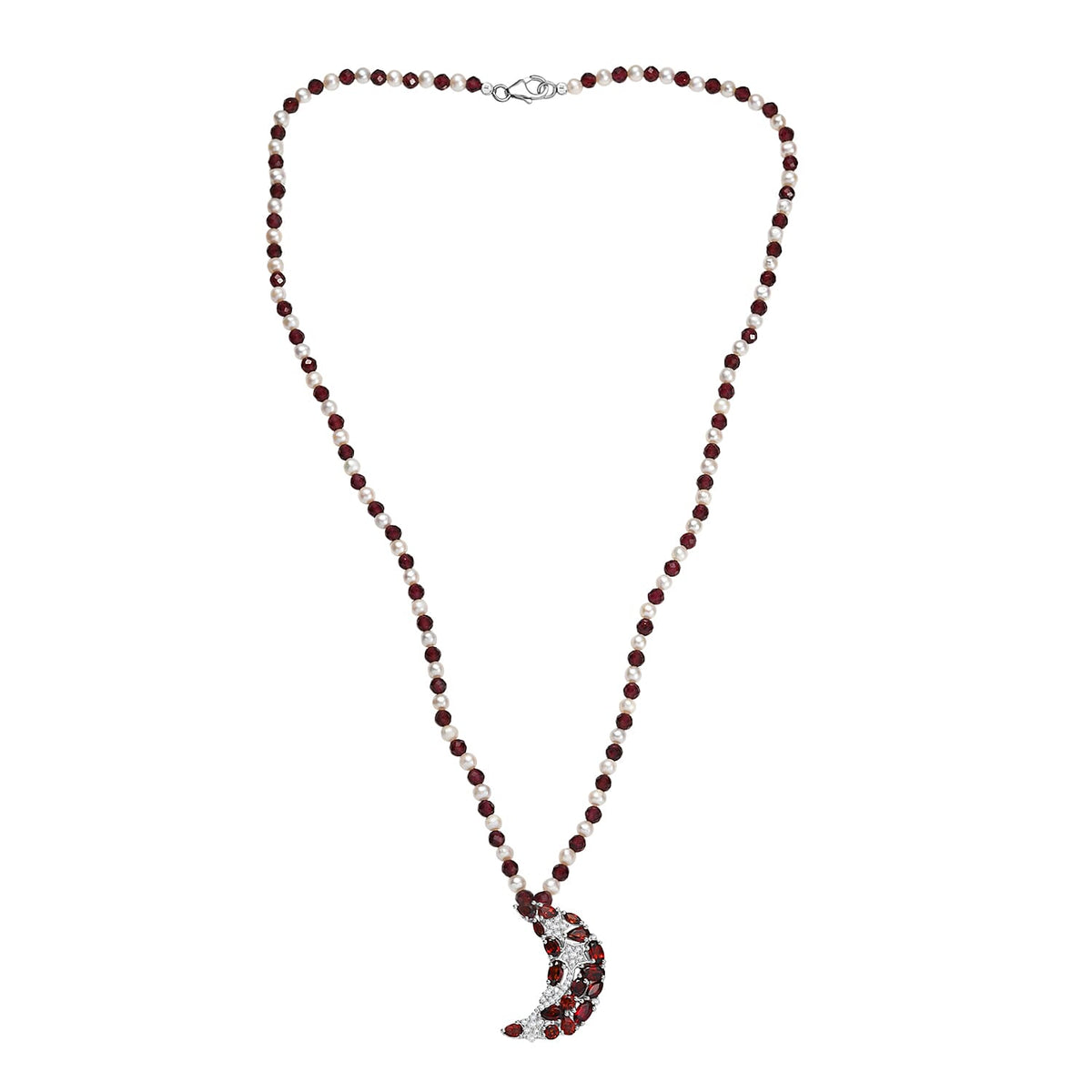 GP Celestial Dream Collection - Red Garnet, Fresh Water Pearl and White Zircon Crescent Moon Necklace (Size - 20) with Lobster Clasp in Rhodium Overlay Sterling Silver 25.38 Ct. 8184785 5