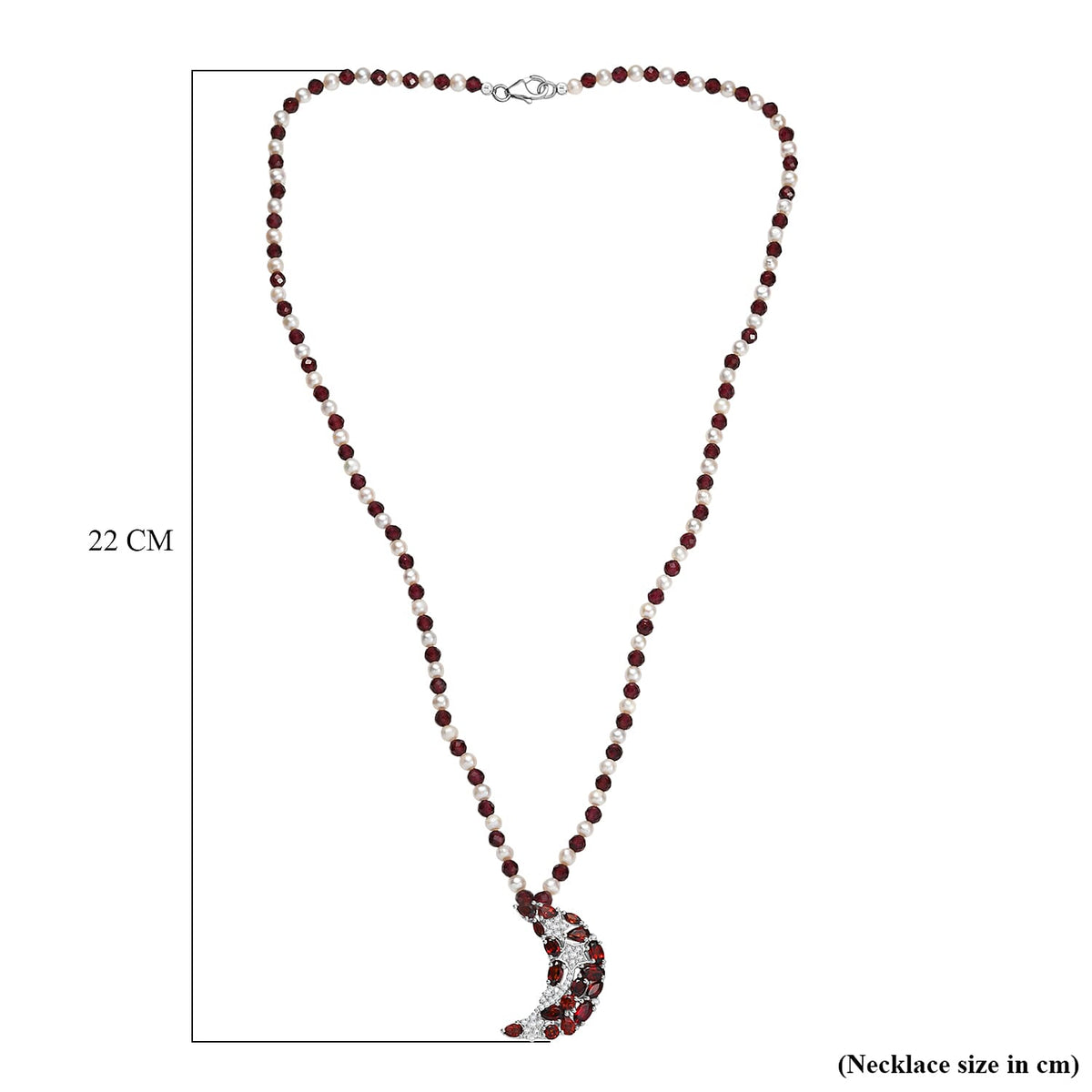 GP Celestial Dream Collection - Red Garnet, Fresh Water Pearl and White Zircon Crescent Moon Necklace (Size - 20) with Lobster Clasp in Rhodium Overlay Sterling Silver 25.38 Ct. 8184785 8