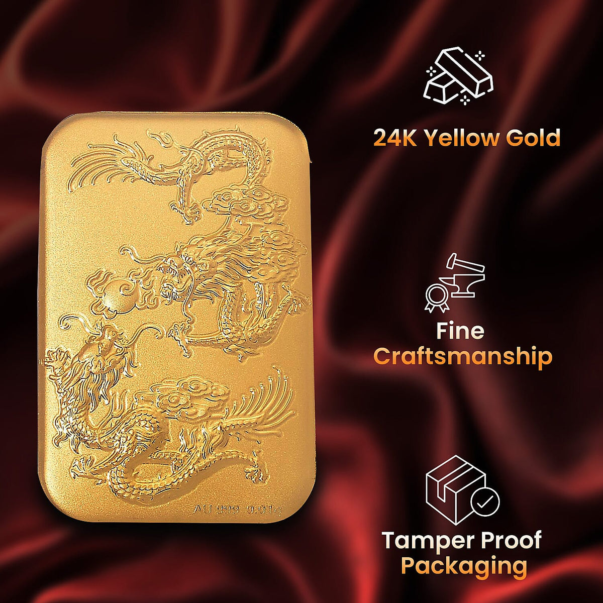 24K Yellow Gold (99.99% Purity) Dragon and Phoenix Embossed Collectable 8185328 4