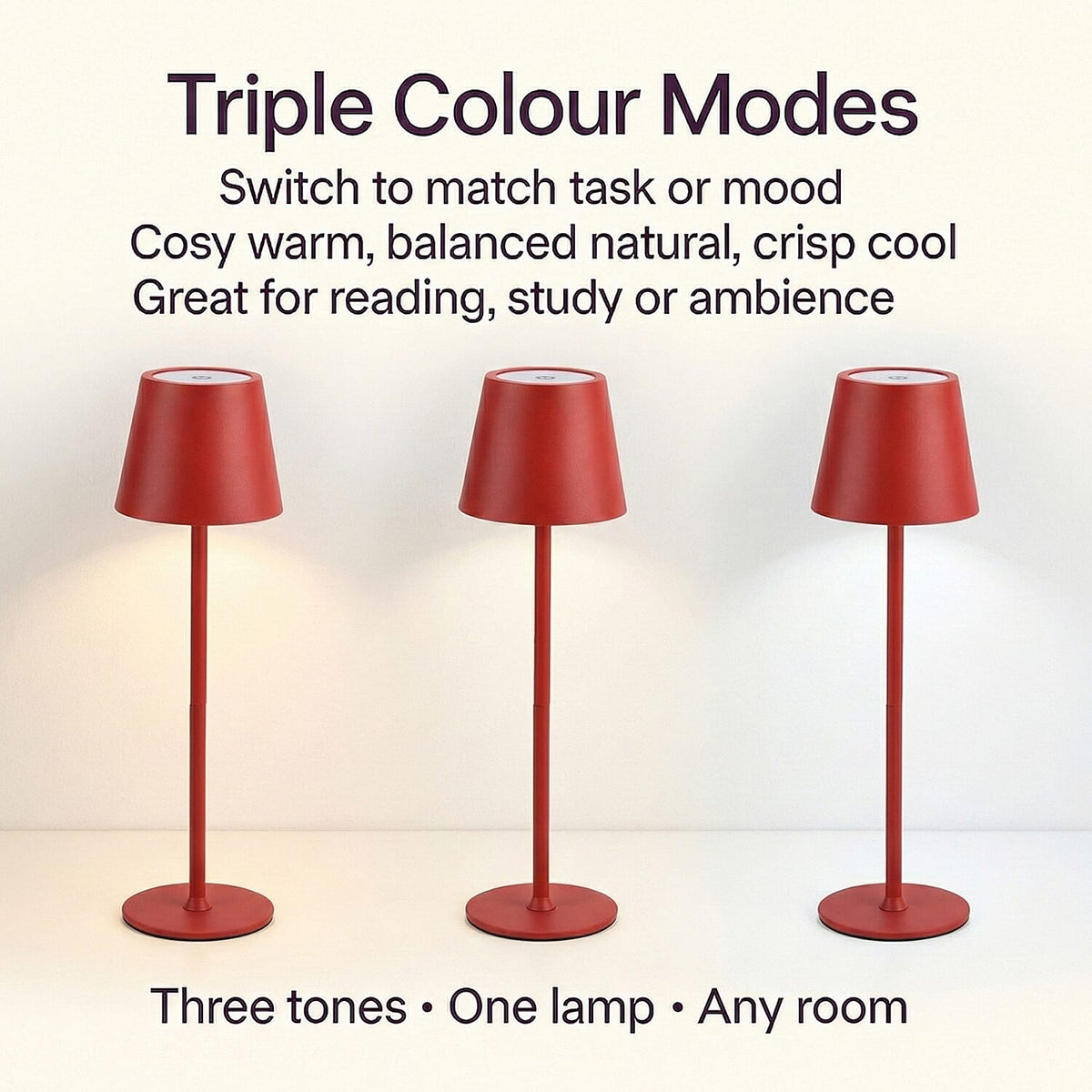 LIVMORE Rechargable Table Lamp With Warm, Natural &amp; Cool Lights (1200mAh Battery) - Red 8195256 2