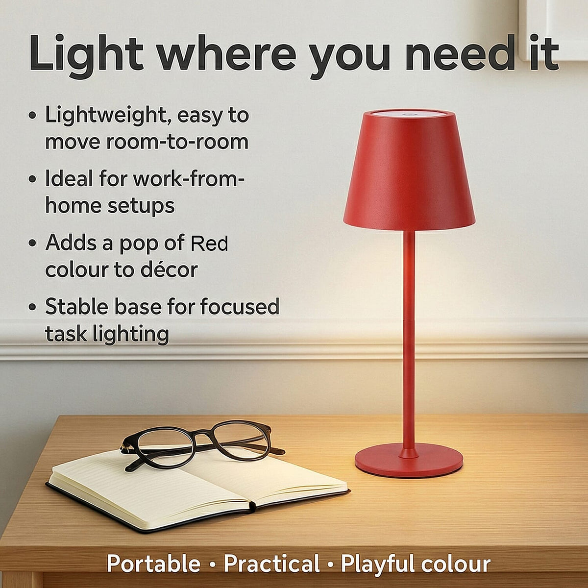 LIVMORE Rechargable Table Lamp With Warm, Natural &amp; Cool Lights (1200mAh Battery) - Red 8195256 3