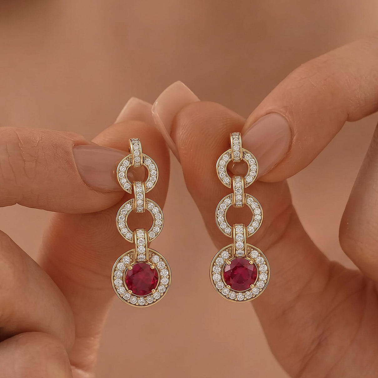 African Ruby, White Zircon Dangling Earring with Push Back in Yellow Gold Plated Sterling Silver 8207574 2