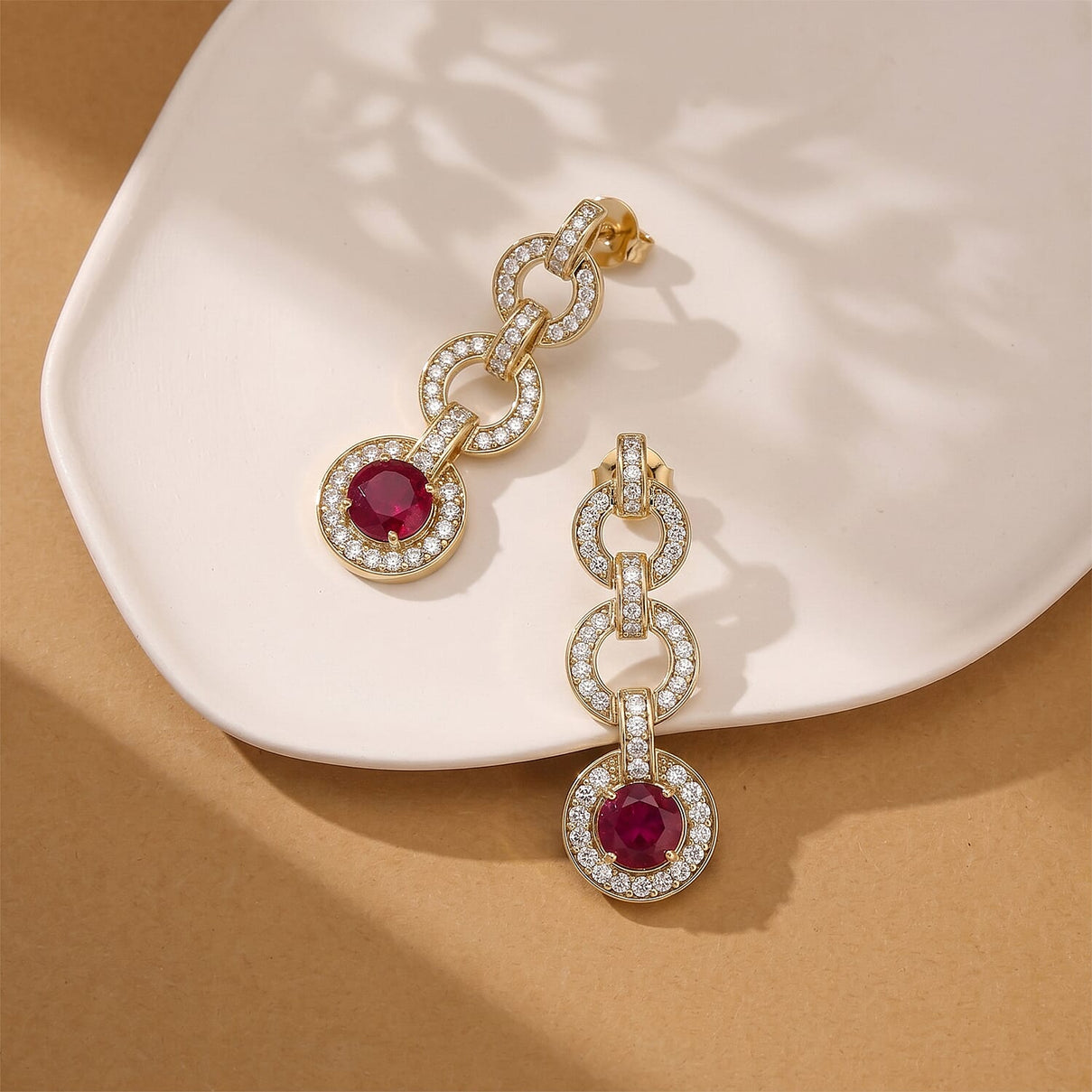 African Ruby, White Zircon Dangling Earring with Push Back in Yellow Gold Plated Sterling Silver 8207574 3