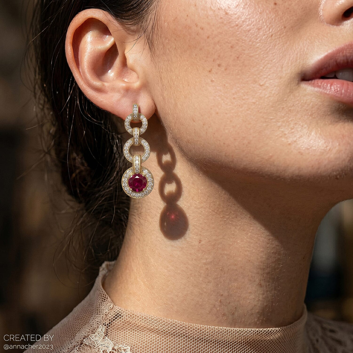 African Ruby, White Zircon Dangling Earring with Push Back in Yellow Gold Plated Sterling Silver 8207574 4