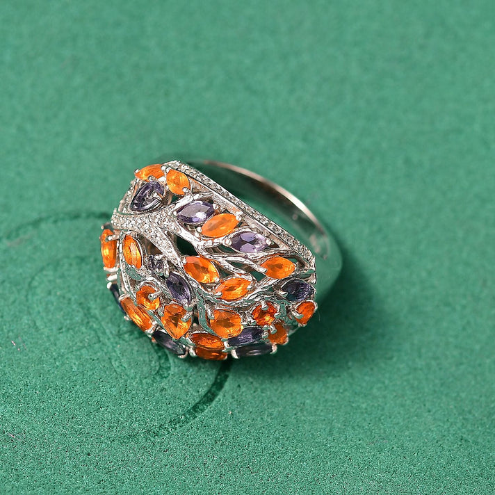 GP Tree of Life Collection - Fire Opal, Iolite, White Zircon Cluster Ring in Rhodium Overlay Sterling Silver 2.44 Ct. 8219720 2
