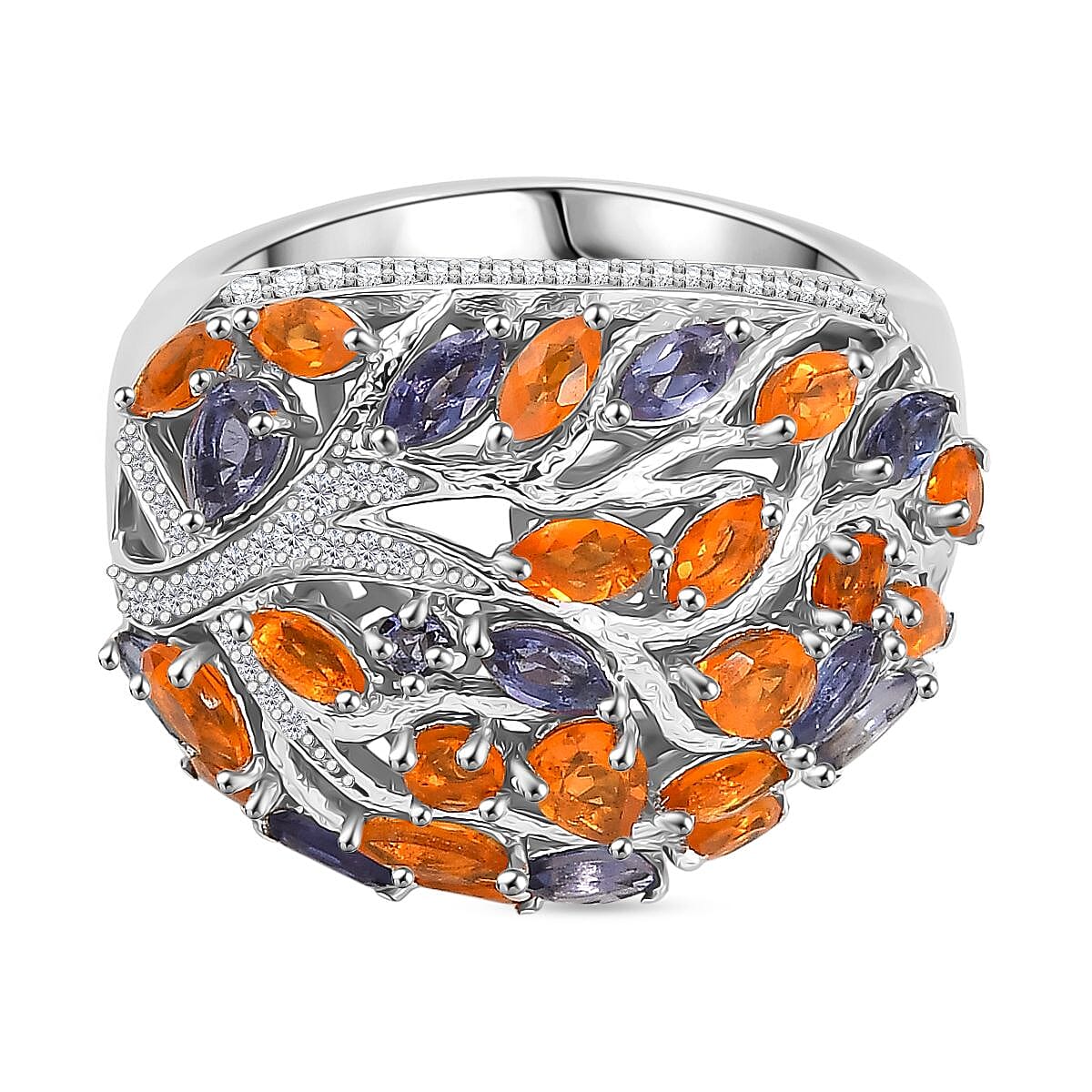 GP Tree of Life Collection - Fire Opal, Iolite, White Zircon Cluster Ring in Rhodium Overlay Sterling Silver 2.44 Ct. 8219722 0