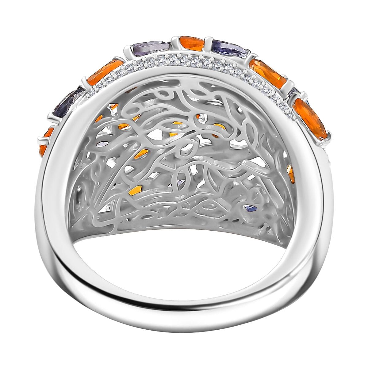 GP Tree of Life Collection - Fire Opal, Iolite, White Zircon Cluster Ring in Rhodium Overlay Sterling Silver 2.44 Ct. 8219722 7