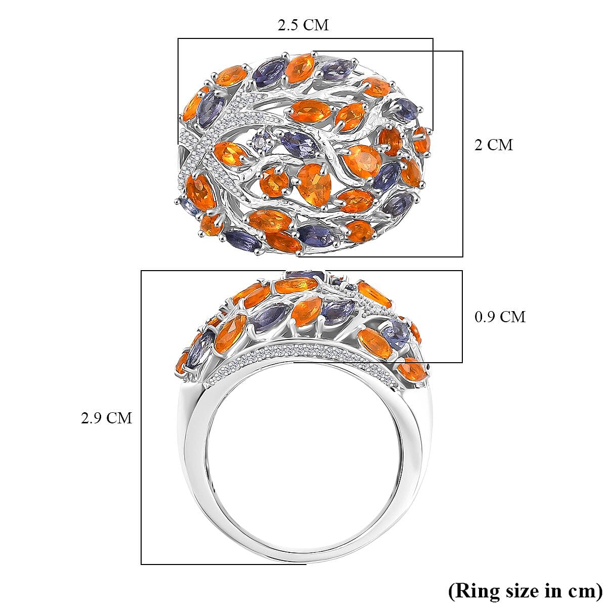 GP Tree of Life Collection - Fire Opal, Iolite, White Zircon Cluster Ring in Rhodium Overlay Sterling Silver 2.44 Ct. 8219722 9