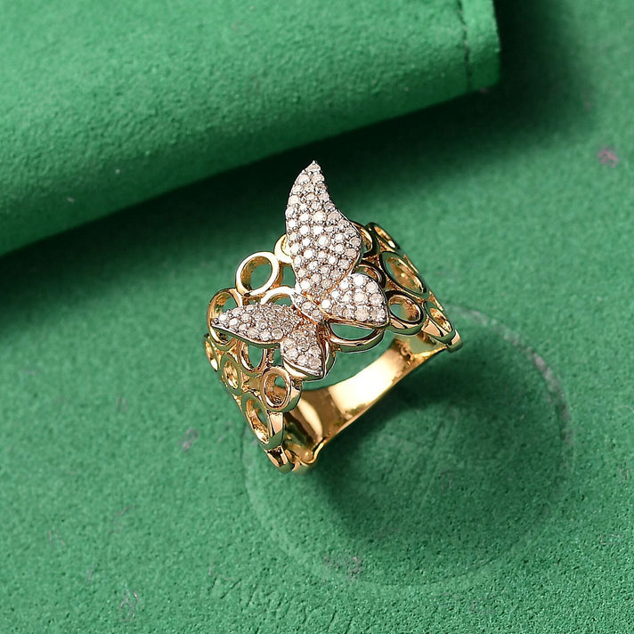 GP Italian Garden Collection - White Diamond, Kanchanaburi Blue Sapphire Cluster Ring in 18K YG VermeilSterling Silver, Silver Wt.6 Gms  0.495  Ct. 8230278 2
