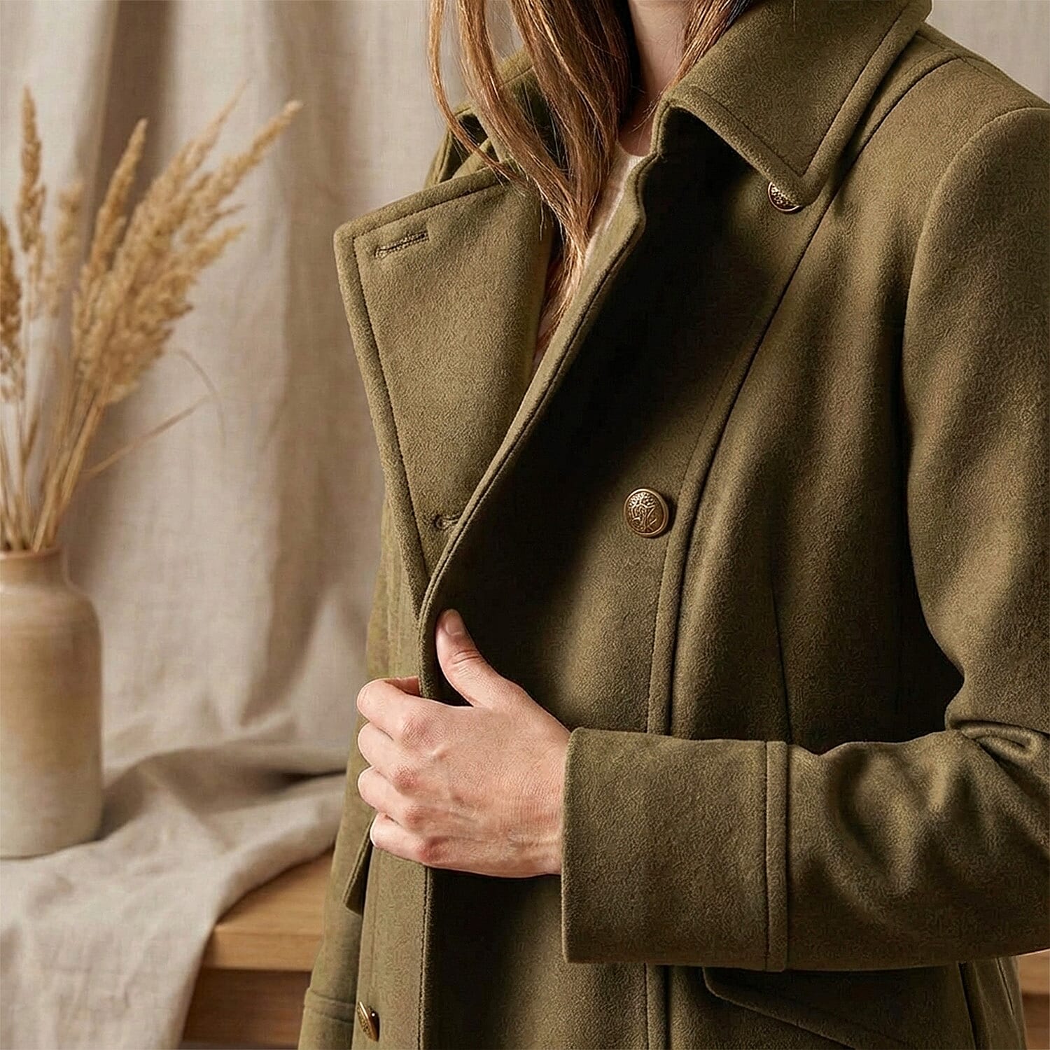 La Marey Signature Military Tailored Suedette Midi Coat (Size L) - Khaki 8247801 2