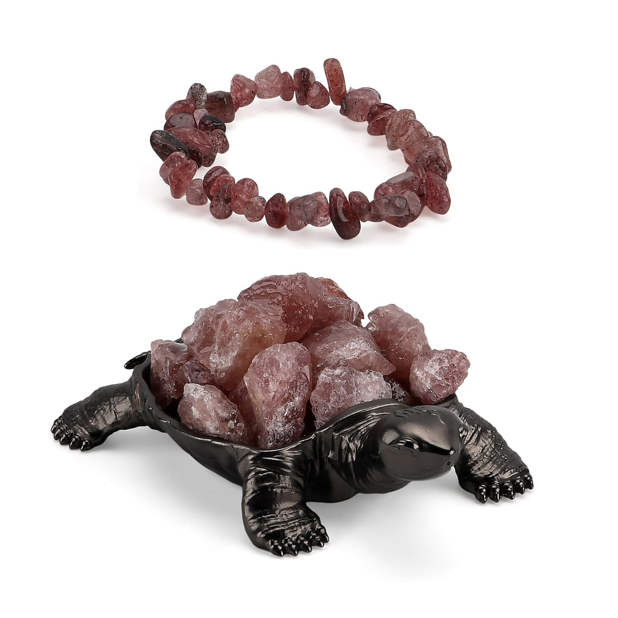 2-Piece  Strawberry Quartz Crystal Turtle with Matching Bracelet - Rose Red V32359546 0